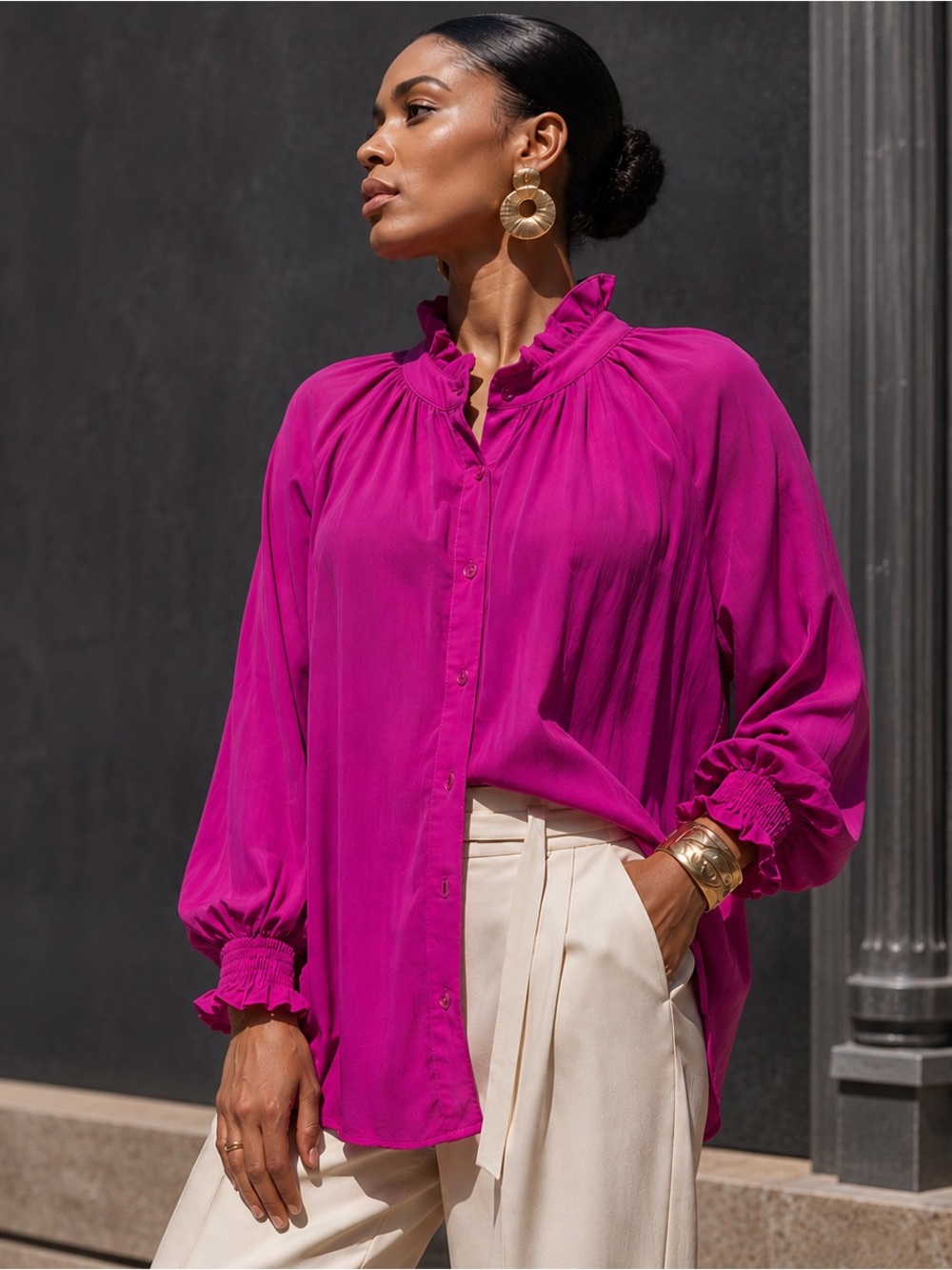 Jodifl Fuchsia Ruffle Neck Blouse Smocked Cuff Boho Anthropologie Style S